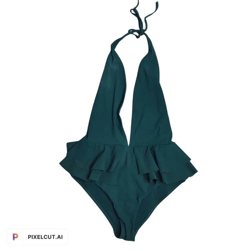 Zara Green Ruffle Puplum Halter Swimsuit